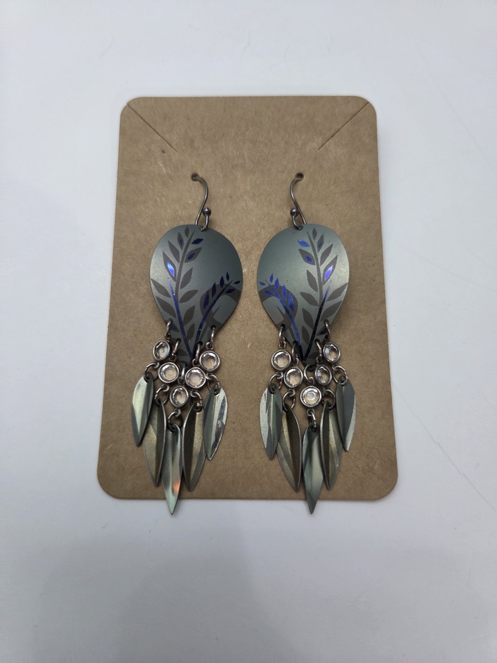 Leaf Motif Dangle Earrings with Iridescent Gray Accents